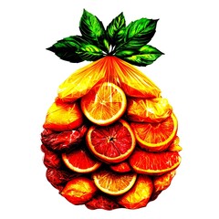 Colorful fruit arrangement resembling a pineapple with various citrus fruits and green leaves - High Contrast