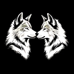 Two stylized wolves facing each other with their noses almost touching on a black background - High Contrast