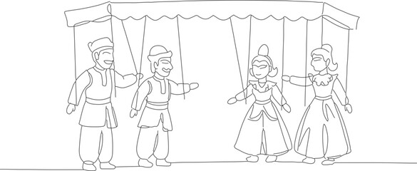 Simple Line Drawing Puppet Theater Show with Performers Illustration