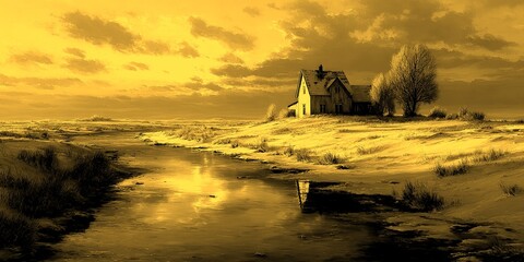 Snow-covered landscape with a solitary house beside a frozen river during twilight hours