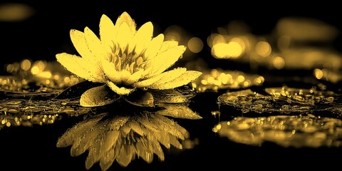Beautiful water lily blooming at dawn with dewdrops and a tranquil water background