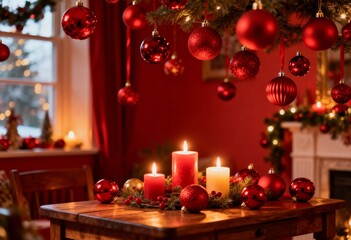 Festive Christmas Table Setting with Red Ornaments and Candles