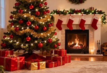Cozy Christmas Scene with Decorated Tree and Fireplace