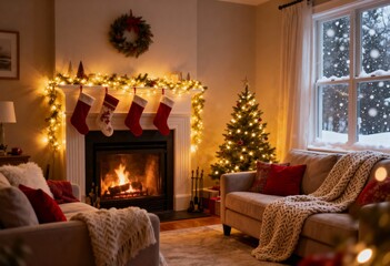 Cozy Christmas Living Room with a Fireplace and Snow Outside