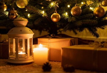 Christmas Presents and Lanterns Under a Decorated Tree