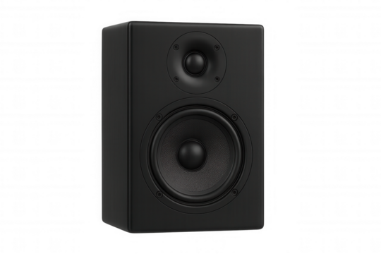 Black studio monitor speaker producing sound for music production and audio engineering with transparent background