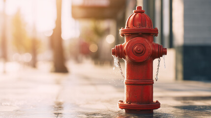Red Fire Hydrant on Wet City Street with Water Dripping, Golden Hour Light and Bokeh Background, Urban Infrastructure Concept