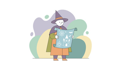 Charming witch or wizard examining a map with haunted castles and bats for Halloween
