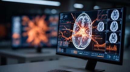 Digital medical brain scan displayed on a computer screen showing complex neural pathways with a patient connected in the background symbolizing advanced neuroimaging innovation diagnosis and medical 