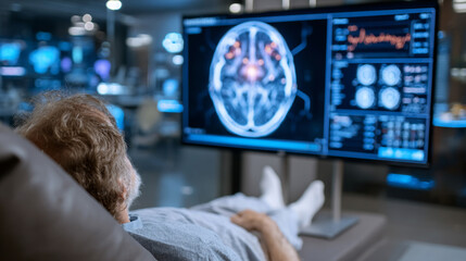 Digital medical brain scan displayed on a computer screen showing complex neural pathways with a patient connected in the background symbolizing advanced neuroimaging innovation diagnosis and medical 