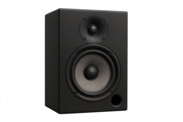 Black professional studio monitor speaker for audio production and sound engineering, transparent background