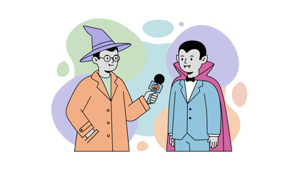 Spooky season interview Wizard reporter questions vampire Halloween event fun and media