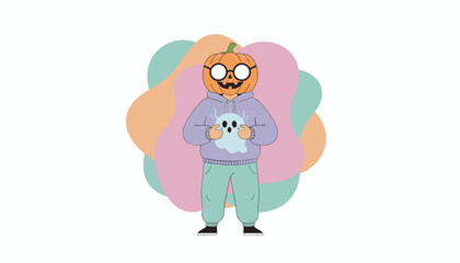Whimsical person with a pumpkin head and glasses holds a glowing ghost for Halloween fun