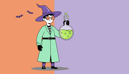 Stylized wizard in hat holds bubbling green potion Halloween magic chemistry concept