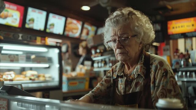 Senior old woman working fast food restaurant counter highlighting employment challenges and economic necessity forcing elderly into service industry jobs. Sad tired lady