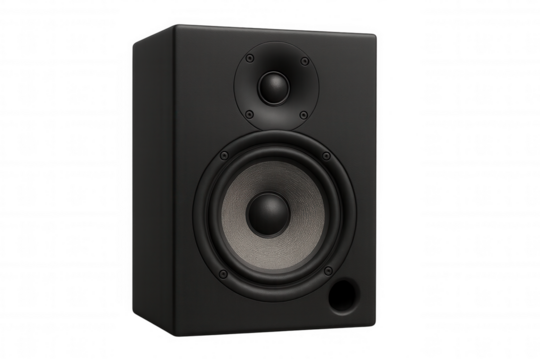 Black professional studio monitor speaker for audio production and sound engineering, transparent background