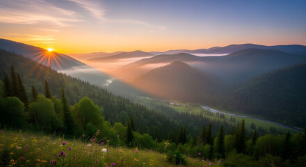 Fototapeta premium A breathtaking mountain landscape at sunrise. Golden sunlight illuminates the mist-covered valley, lush green forest, and wildflower meadow. A winding road cuts through the valley, adding depth and se