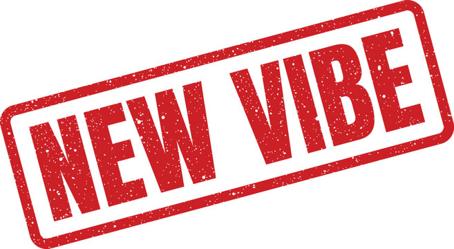 Grunge textured rectangular red stamp displaying NEW VIBE text, conveying a fresh atmosphere or renewed feeling