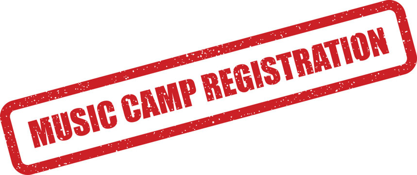 Grunge textured rectangular stamp displaying MUSIC CAMP REGISTRATION for enrollment notifications