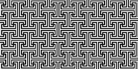 Seamless black and white geometric maze pattern with bold lines creating a modern optical illusion background.