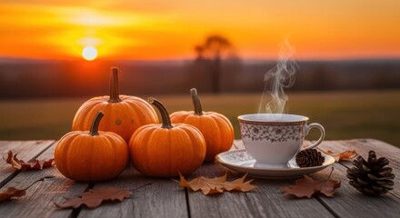 Autumn pumpkins and hot coffee on a wooden table at sunset