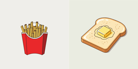Minimalist Vector Illustration of French Fries and Buttered Toast