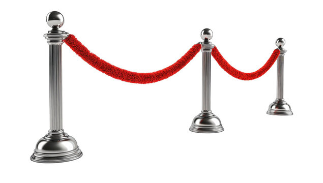 Polished metal stanchions strung with red rope line against black backdrop