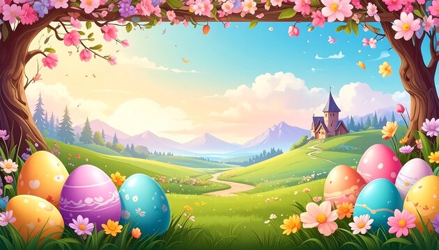 Vibrant scene of Easter eggs in a pastoral landscape - Powered by Adobe
