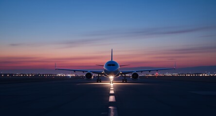 Front View of Airplane on Runway at Dusk