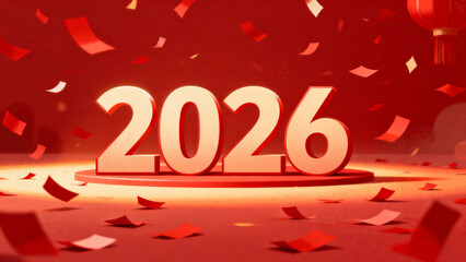3D rendering of the year 2026 with red confetti and festive lighting on a red background