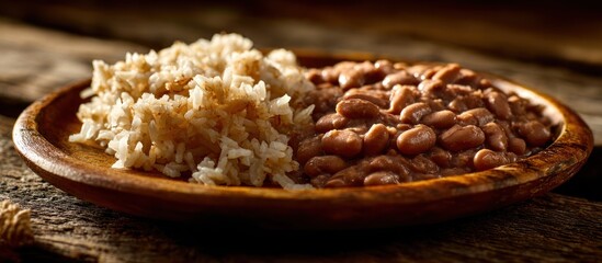 Obraz premium A rustic wooden plate holds a simple meal of fluffy white rice and a generous portion of dark red beans, presented against a dark wooden background