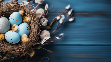 Background from different colored Easter egg in the nest on the wooden background