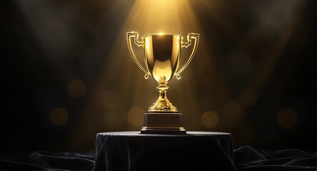 Gold Trophy on a Pedestal with Spotlights