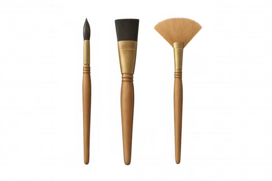 Artist paint brushes and makeup tools set featuring various natural bristles and wooden handles, transparent background