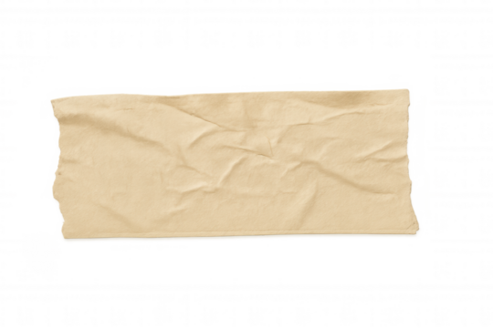 Crumpled beige masking tape piece with rough torn edges, adhesive element with wrinkled paper texture on transparent background