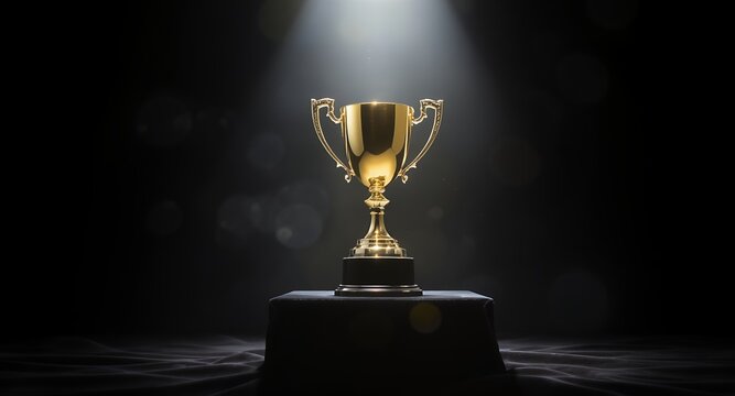Gold Trophy on a Pedestal with Spot Light, Award, Success Concept, Victory - Powered by Adobe