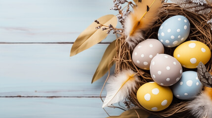 Background from different colored Easter egg in the nest on the wooden background