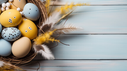 Background from different colored Easter egg in the nest on the wooden background