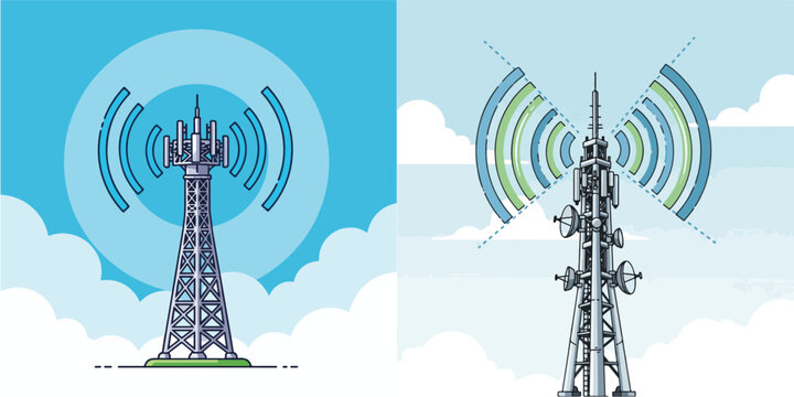 Vector Line Art Communication Towers with Radio Waves on Blue Sky