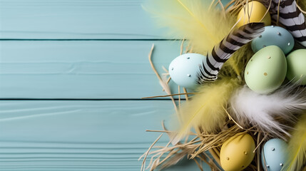 Background from different colored Easter egg in the nest on the wooden background