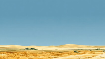 Wide shot of a golden, dry landscape under a clear, pale blue sky