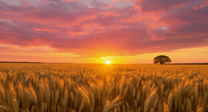 Golden Sunset Over Wheat Field and Tree