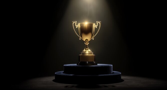 Golden Trophy Cup on Stage Spotlight