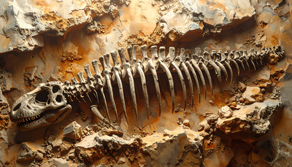 Fossilized dinosaur rib cage embedded in rock wall, archaeological realism