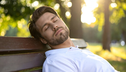 Man dozing off on park bench under tree shade, summer afternoon light, peaceful expression, concept of relaxation and natural rest
