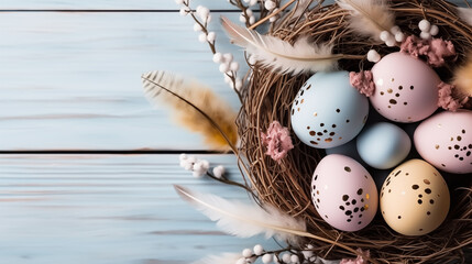 Background from different colored Easter egg in the nest on the wooden background