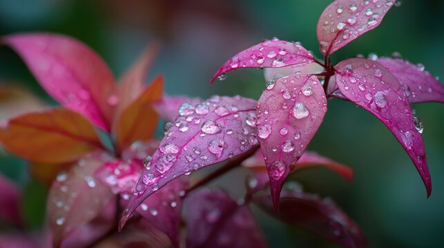 Close-up of vibrant pink and red leaves glistening with water droplets, set against a blurred green background.  The leaves show varied hues and textures, with light reflecting off the dew