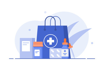An illustration of a shopping bag with a medical cross, accompanied by medicine bottles, a dropper bottle, blister packs, and a box, representing pharmacy purchases and healthcare products.