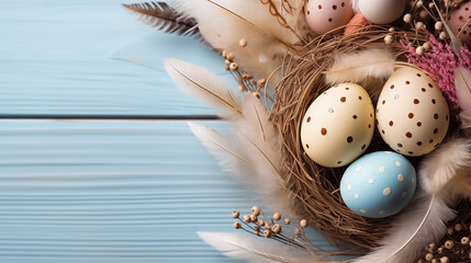 Background from different colored Easter egg in the nest on the wooden background