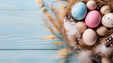 Background from different colored Easter egg in the nest on the wooden background